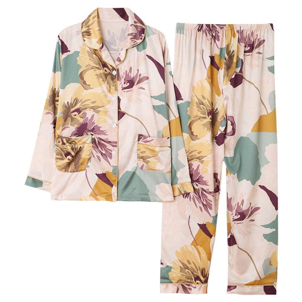 Pijama De Satén para Mujer,Primavera Otoño Mujer Pijama De Seda De Manga Larga con Bolsillos 2 Piezas Ropa De Dormir Suave Elegante Pijama con Botones Estampado De Flores