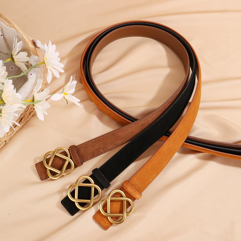 Cintura in pelle scamosciata larga 2,8 cm per donne, stile vintage, con fibbia dorata retrò per abiti e jeans