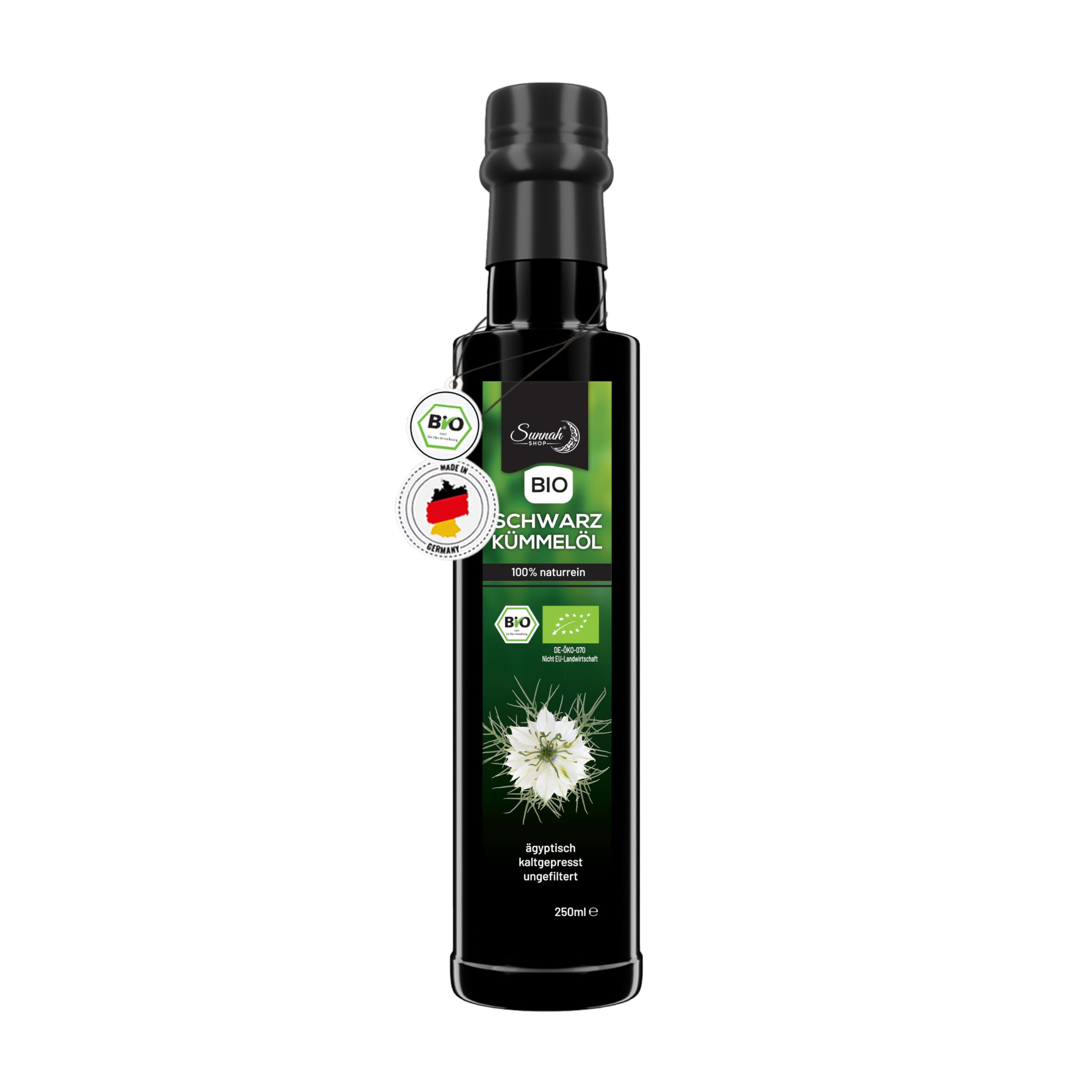 Sunnah Shop® huile de cumin noir biologique non filtrée pressée à froid 250 ml | Huile de Nigelle Bio | Nigella Sativa égyptienne 100% pure