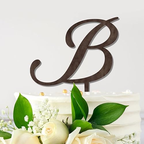 Decoración de pastel de boda de madera marrón con monograma, letra B, iniciales de pareja, letra B, iniciales de monograma B, decoración de pastel