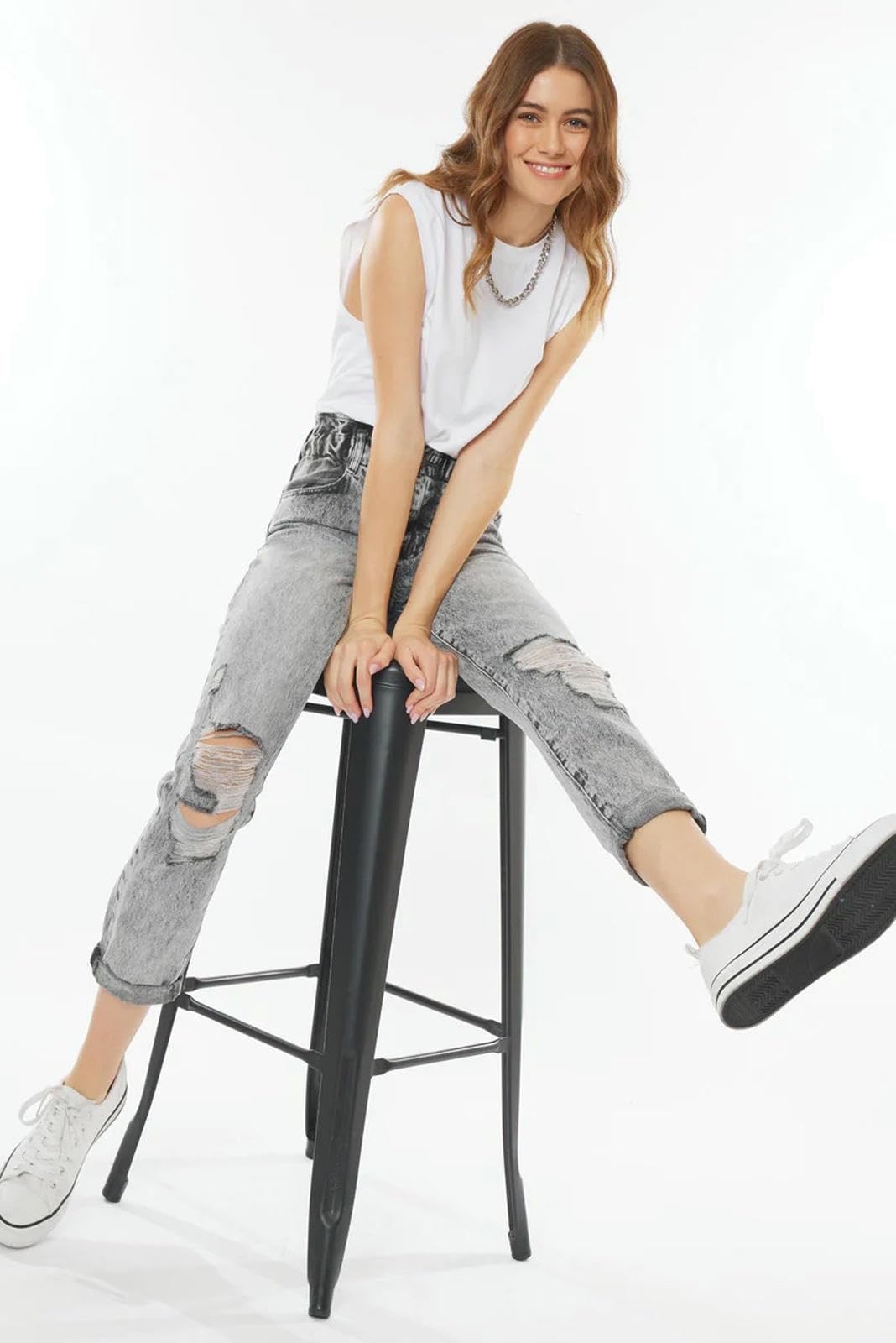 Jeans Donna Alta Vita Gamba Dritta Strappato Afflitti Pantaloni in Denim-Grigio-s