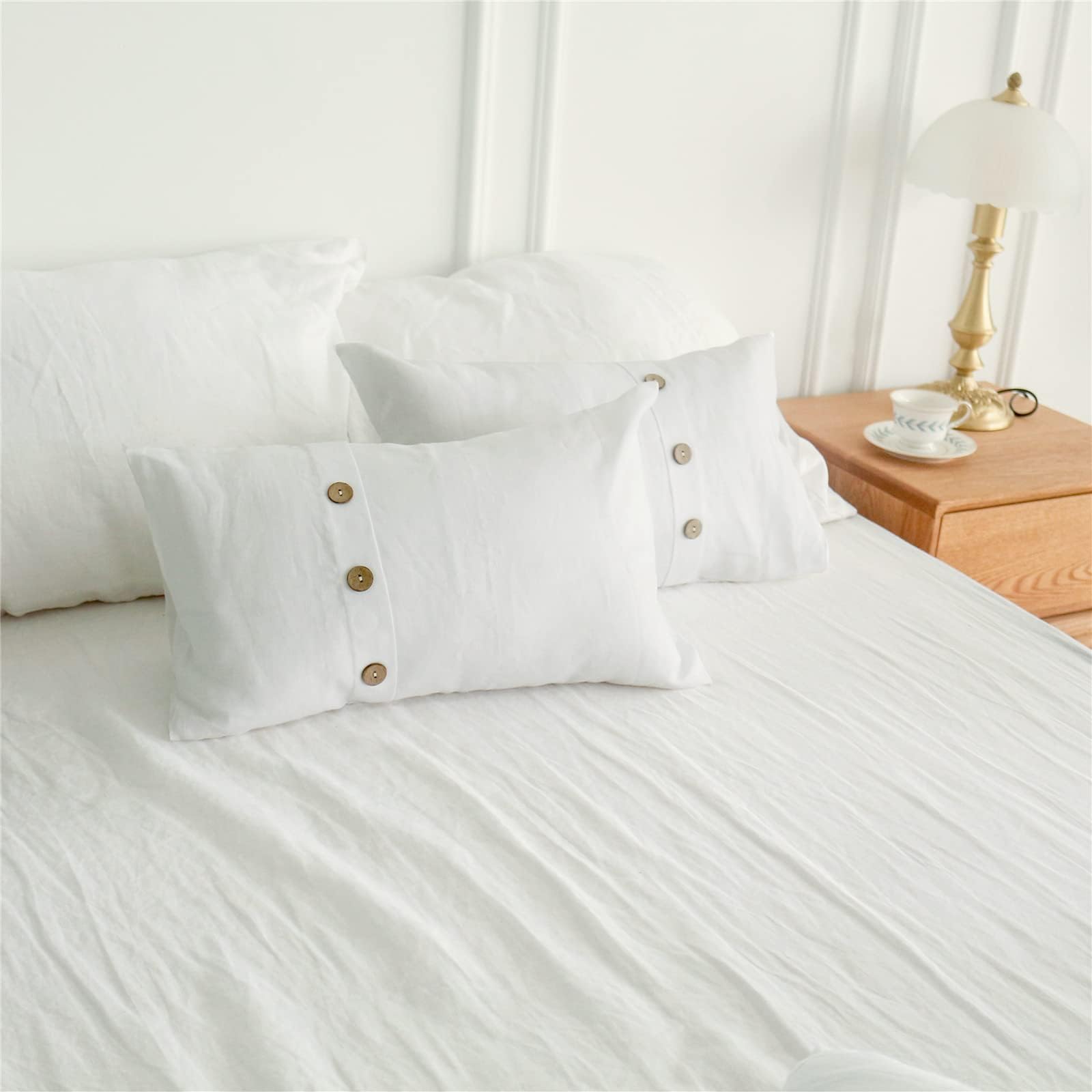 Simple&Opulence 100% Linen Lumbar Pillow Cover 12 x 20 Inch Set of 2 Rectangular Decorative Pillow Cover with Vintage Triple Coconut Button for Couch Sofa Bed Living Room Office Décor - White