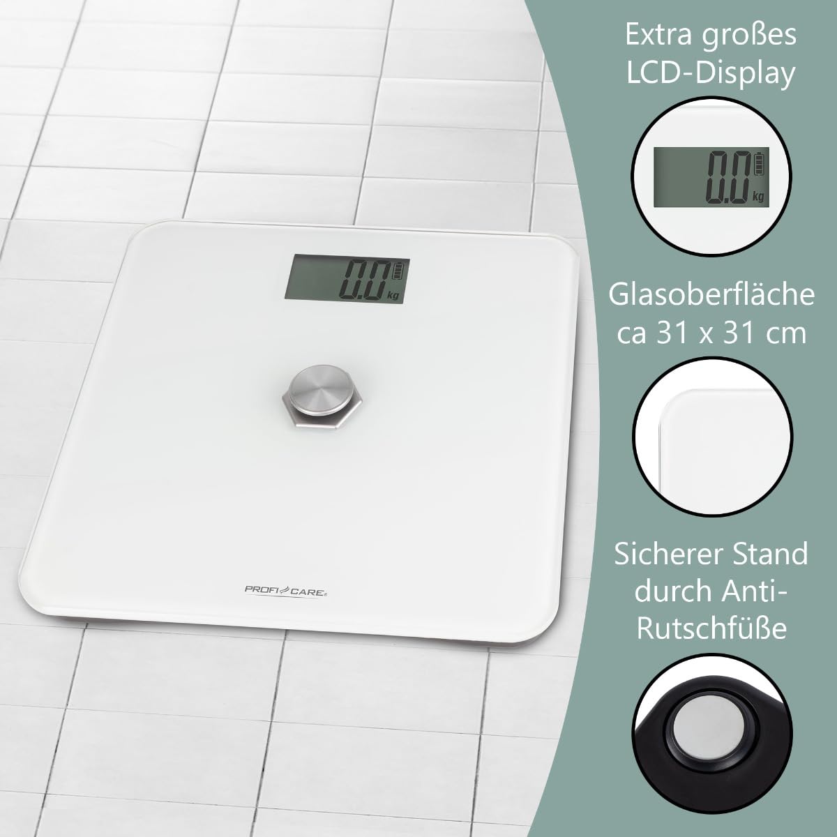 ProfiCare® Personenwaage ohne Batterie | Waage mit Messbereich von 5kg – 180 kg & großem LCD-Display | Personenwaage digital mit kinetischer Energie & Glasoberfläche | PC-PW 3112 weiß