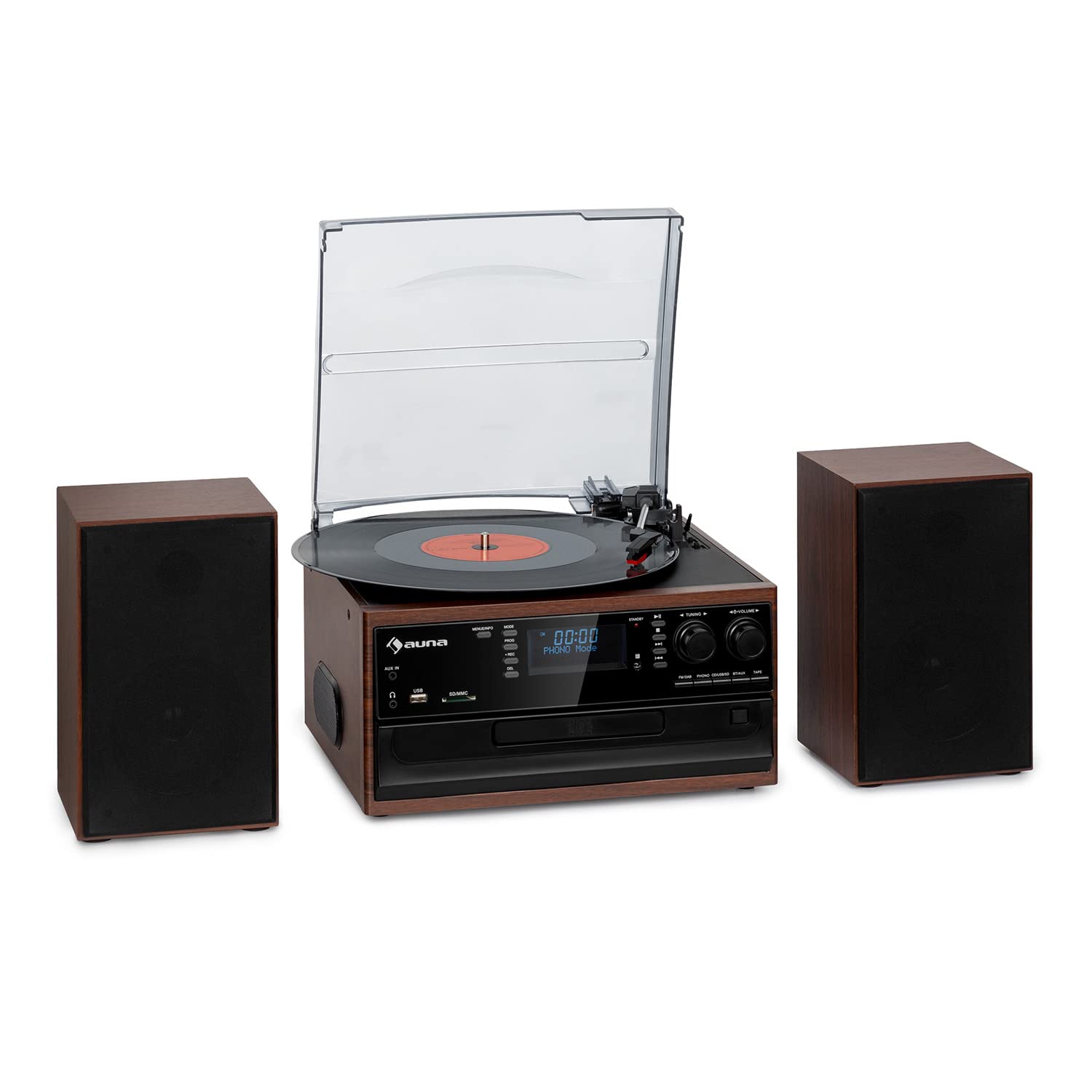 Auna Vinyl Record Player with Speakers, Retro Vintage Bluetooth Turntable, AUX, Stereo System