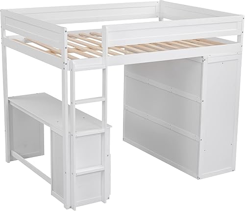 Miniatura 256 de Quarte Cama alta multifuncional, cama alta tamaño matrimonial con escritorio integrado y estantes de almacenamiento, dos cajones y escalera de