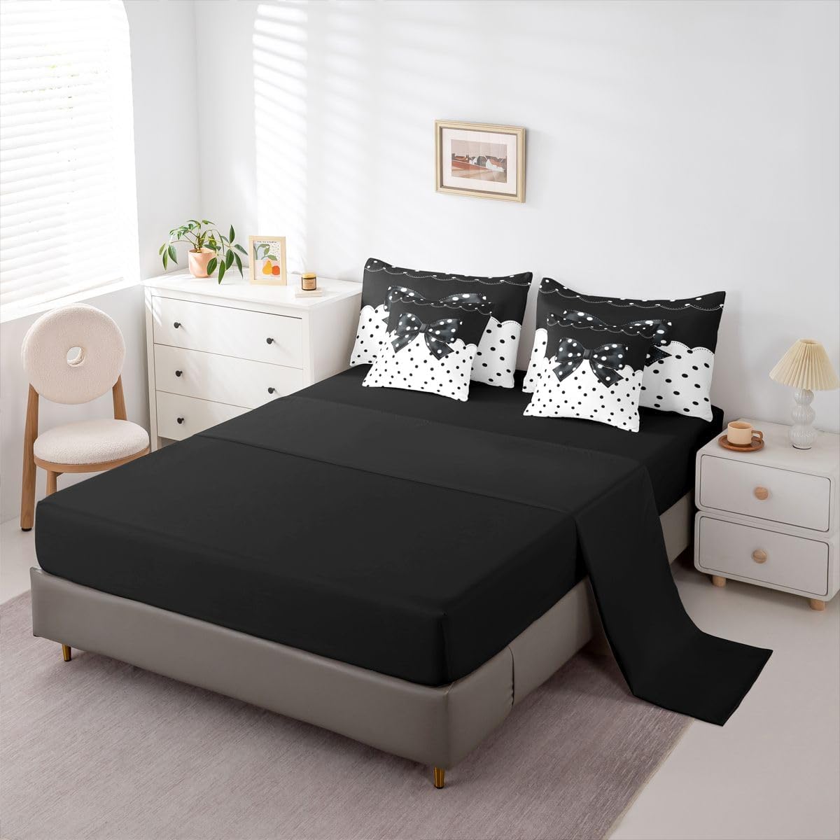 Feelyou Cute Bow Comforter Set with Sheets 7 Piece Full Size Polka Dots Bowknot Bedding Set for Kids Boys Girls Black White Bed in a Bag Bow Tie Room Decor Soft Lightweight Microfiber