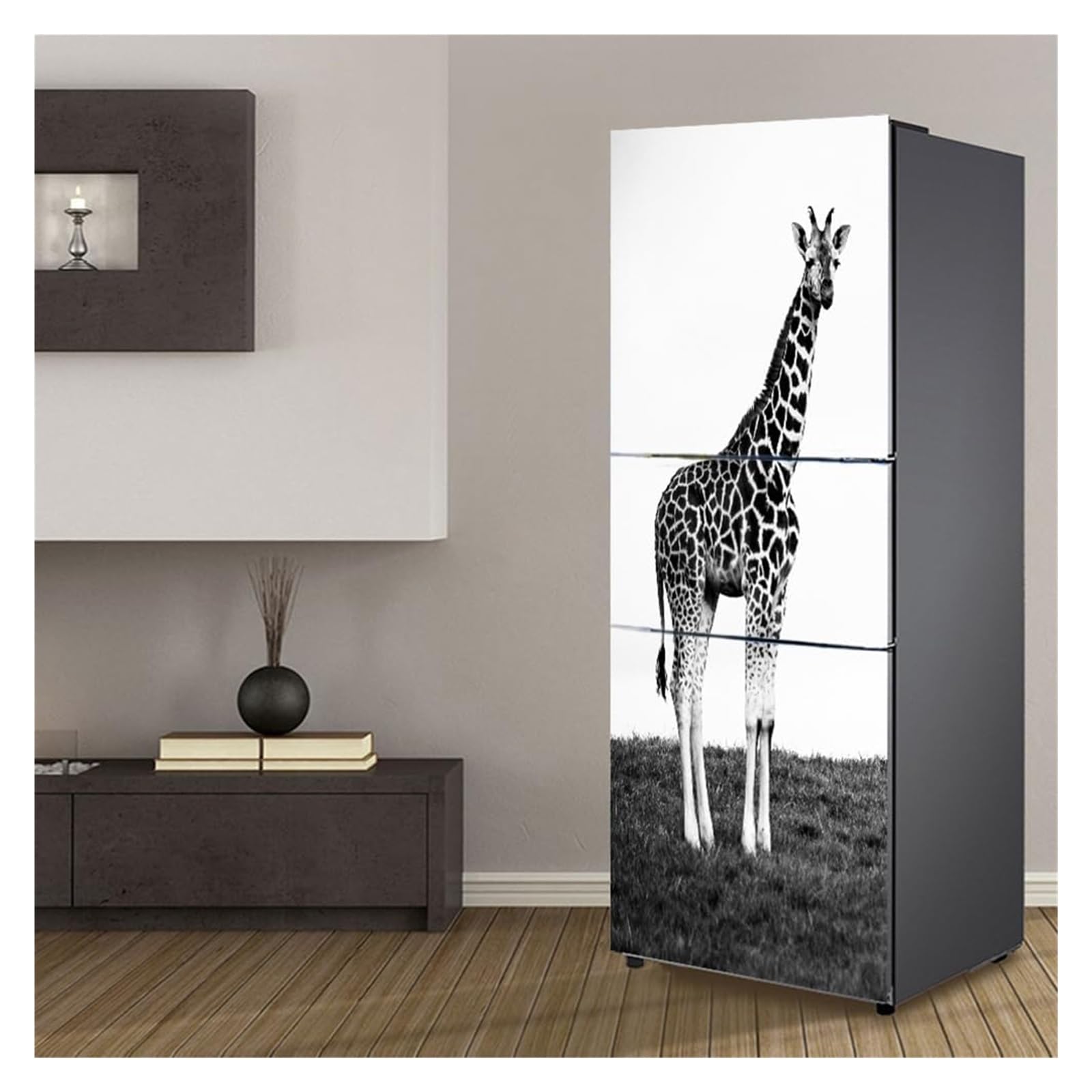 GDHKDDFL Minimalist, luxury-inspired fridge decals, Freezer Skins Wall Stickers for Kitchen Decal, Black and White Giraffe(S: 60x150 cm)