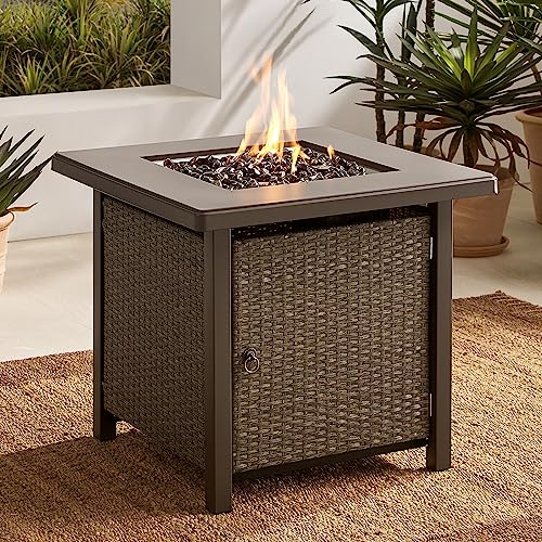 Volans Propane Fire Pit Table, 28In 40,000 Btu Outdoor Wicker Patio Propane Gas Firepit W/Steel Tabletop, Csa Certified, Hideaway Tank Holder, Lid - Khaki #TOP17