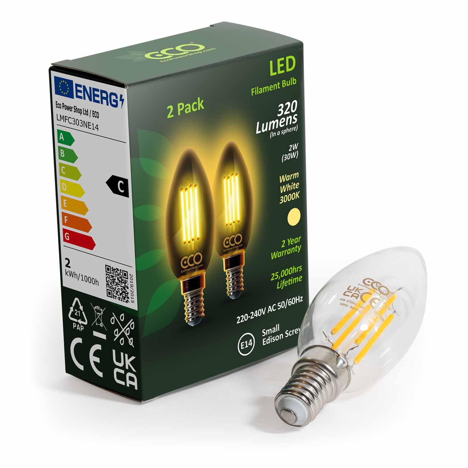ECO 30W Equivalent 2W LED Filament Candle Light Bulb, 320 Lumens, Warm White 3000K, E14 SES Small Edison Screw