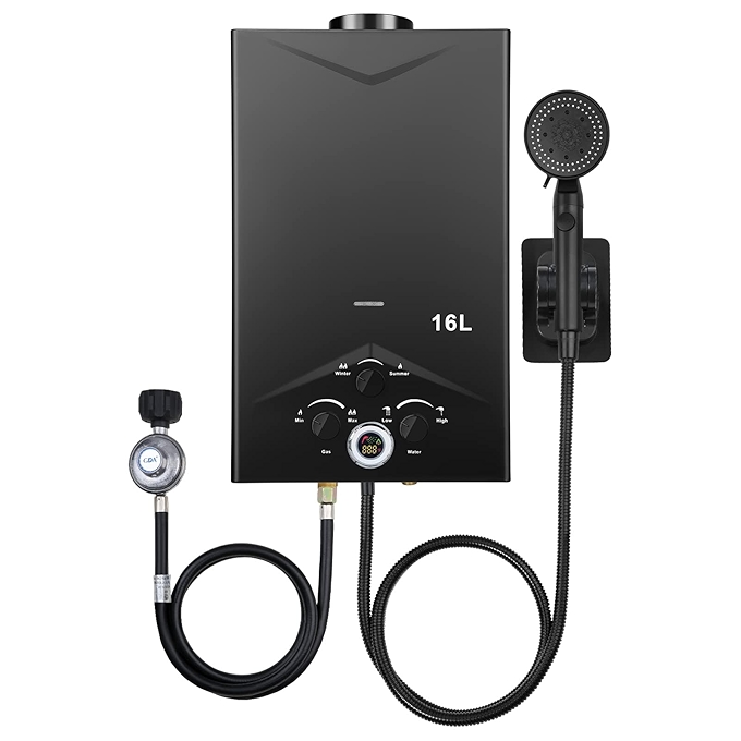 便携式即热式燃气热水器，16L户外使用，数字显示，多重保护，适合露营和船舱使用