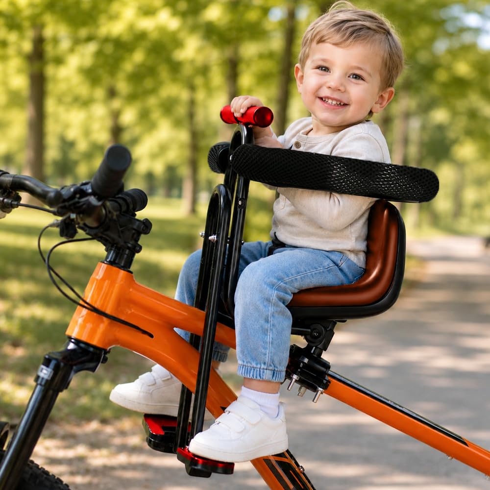 Siege Velo Enfant Avant, Confortable Siège De Vélo pour Enfant, Grille Protection Intégrale Réglable Siege Bebe Velo, Siège Bébé Avant VTT & Vélos Pliants, Marron