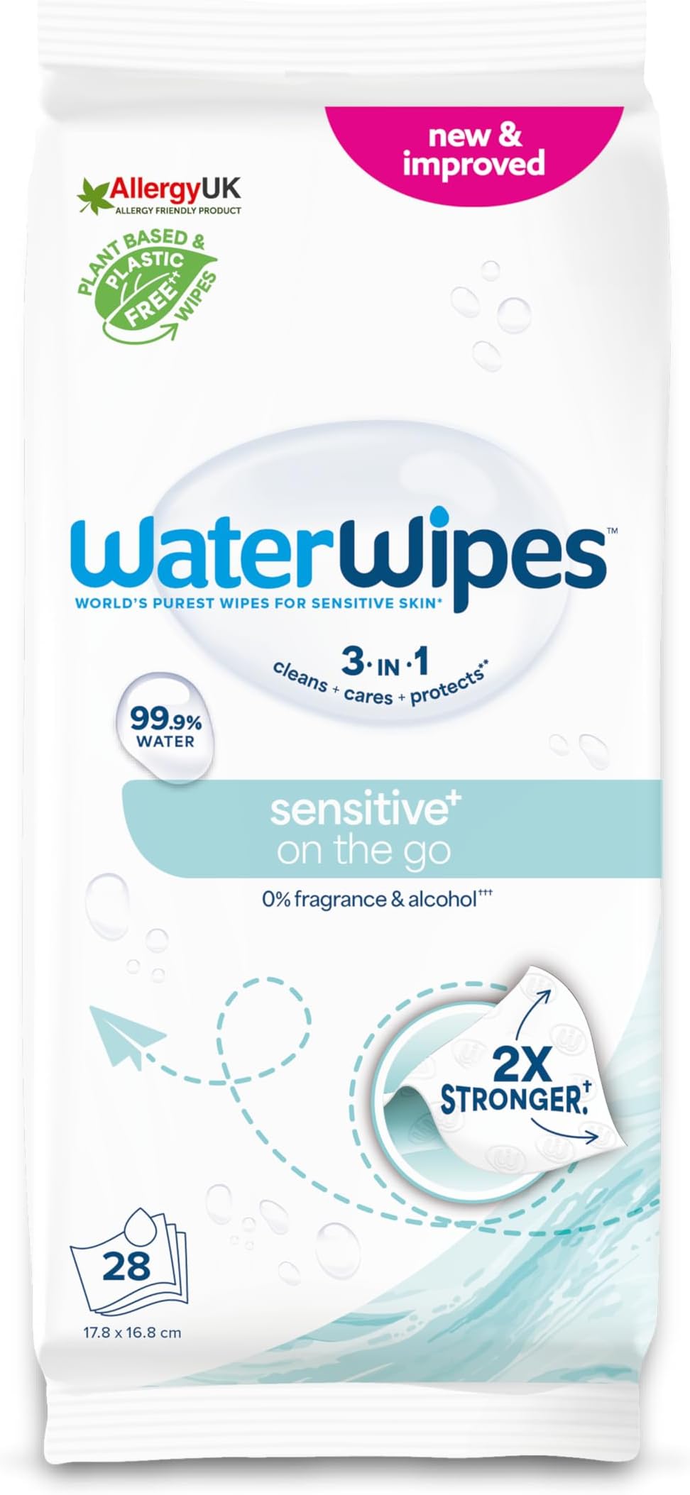 WaterWipes Sensitive+ On The Go Wipes, 28 Wipes, 99.9% Water, Fragrance & Alcohol Free
