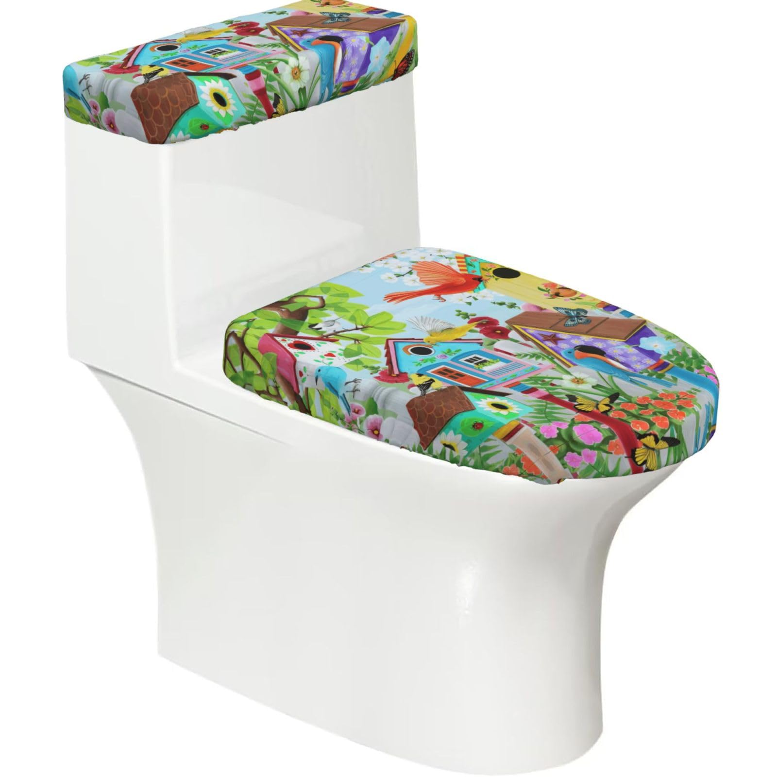 Bird and House 2-Piece Toilet Seat Cover Set with Tank Lid, Elastic Fit for U-Shape & Elongated Toilets, Bathroom Decor, Housewarming Gift