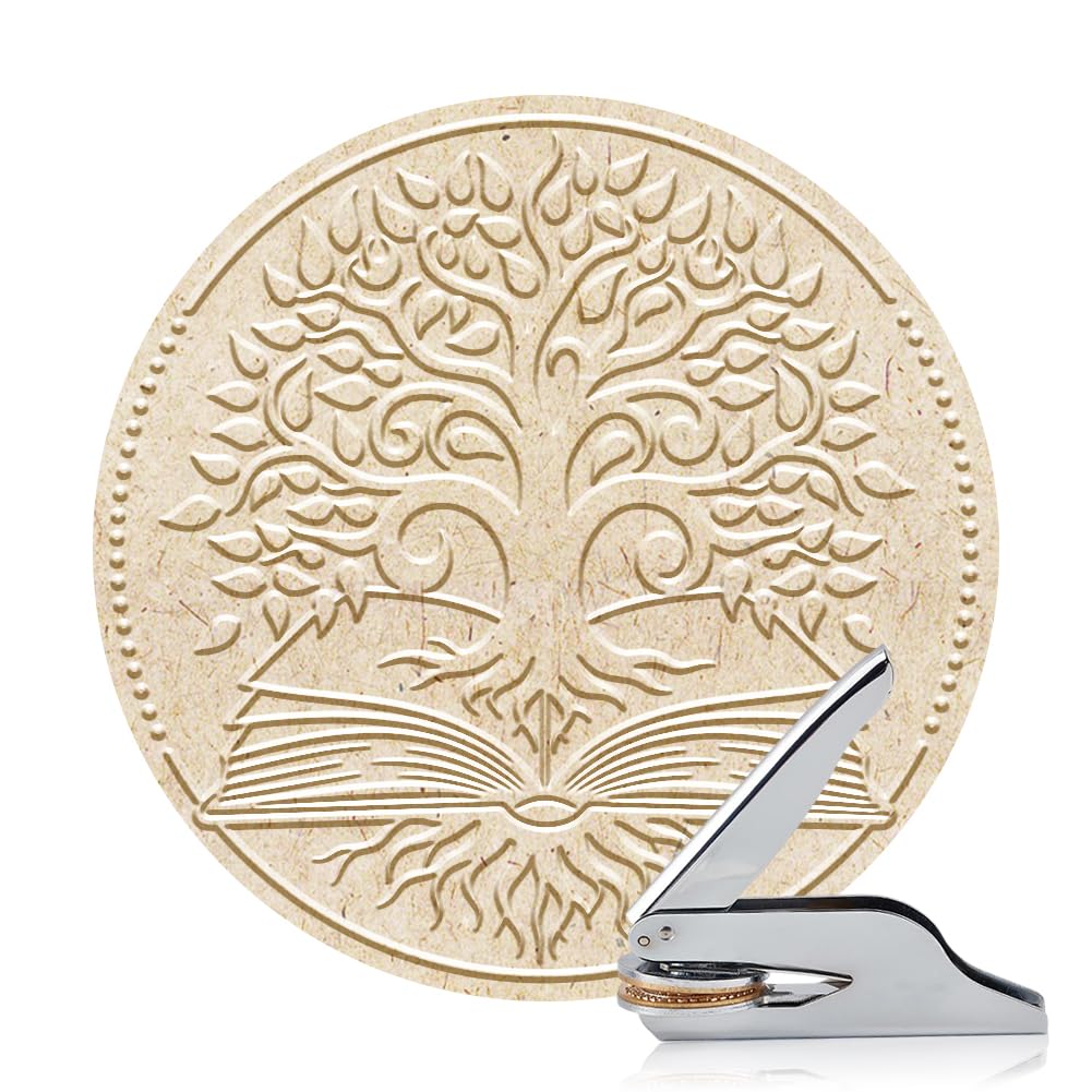 ANATTASOUL Book Embosser Personalized Tree of Life and Book Pattern Book Stamp, Durable Library Stamp with Handle Set for Paper, Books, Envelopes, Invitation, Certificate, Gifts
