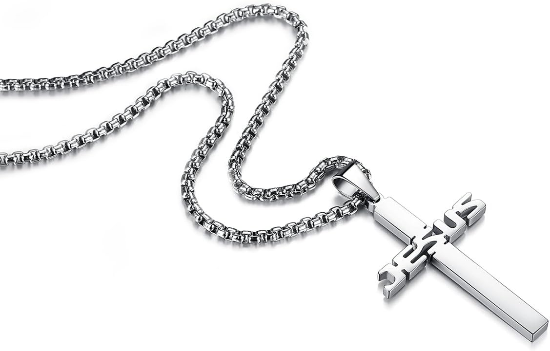 REVEMCN Stainless Steel Jesus Cross Pendant Necklace for Men Women 20-24 Inches Rolo Chain Christian Gifts for Men Faith - Image 2