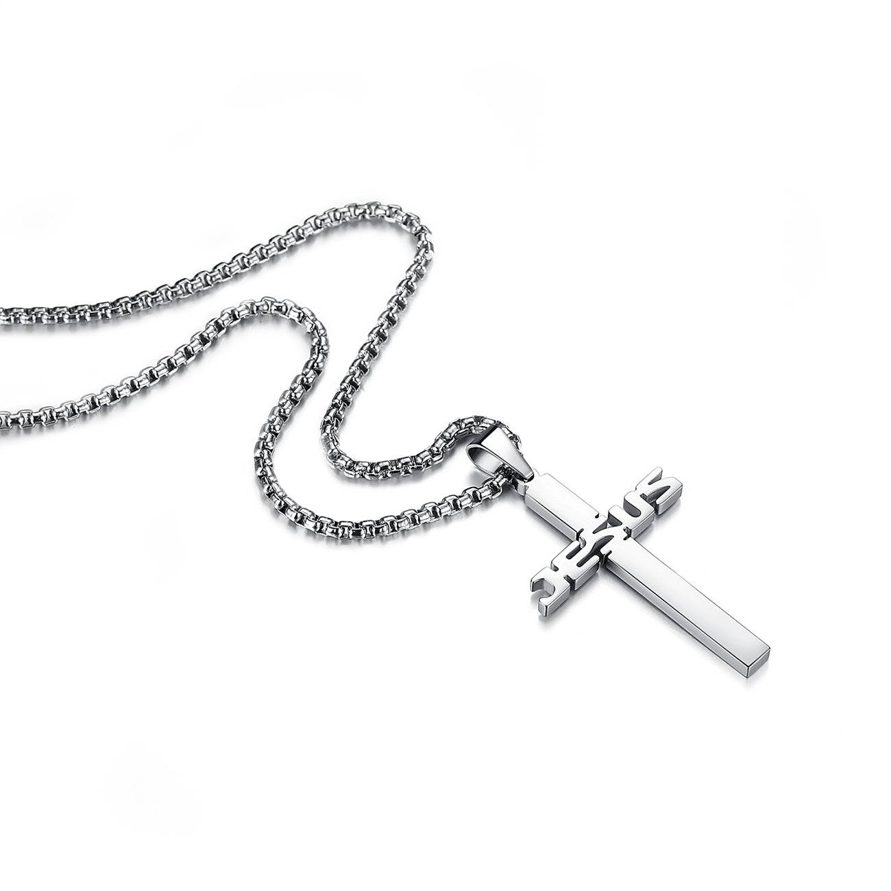 Collar con colgante de cruz de Jesús de acero inoxidable para hombres y mujeres, cadena Rolo de 20 a 24 pulgadas, regalos cristianos para hombres y mujeres, Metal 2