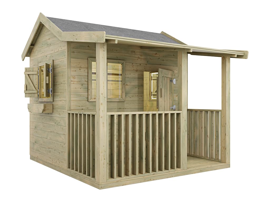 Spielhaus Saloon KDI | 169x183x178 cm | Kesseldruckimprägniert | Mit Veranda, Fußboden & 3 Fenstern | Inkl. Blumenkästen | Kinder Spielhaus