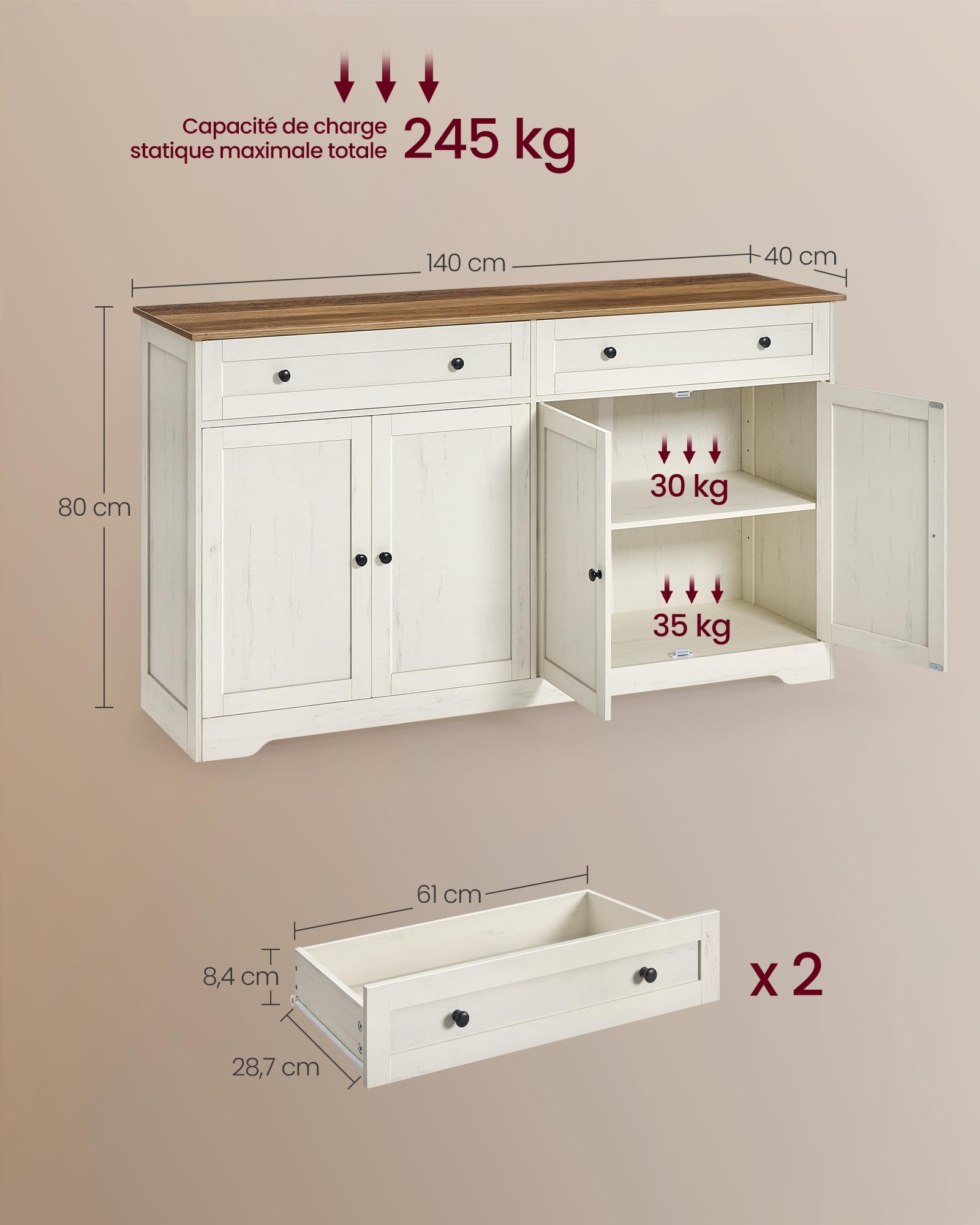 VASAGLE Siren Collection - Meuble de Rangement, Buffet de Cuisine, Style Maison de Campagne, avec 2 Tiroirs, Étagères Réglables, 4 Portes, Bar à Café, 40 x 140 x 80 cm, Blanc Rustique LSC541WJ01