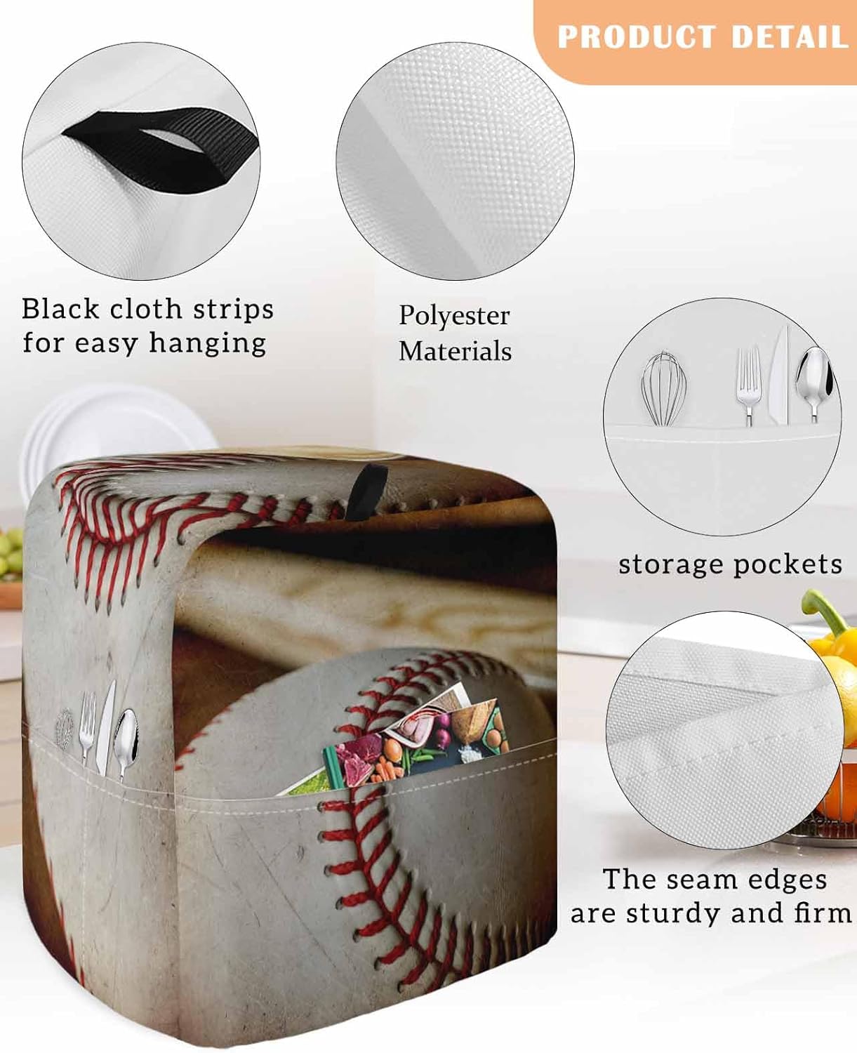 Vintage Baseball Stand Mixer Cover with Storage Pocket, Waterproof Kitchen Mixer Covers, Classic Sport Retro Art Wooden Kitchen Appliance Dust Cover Compatible with 5-8 Quart Mixers