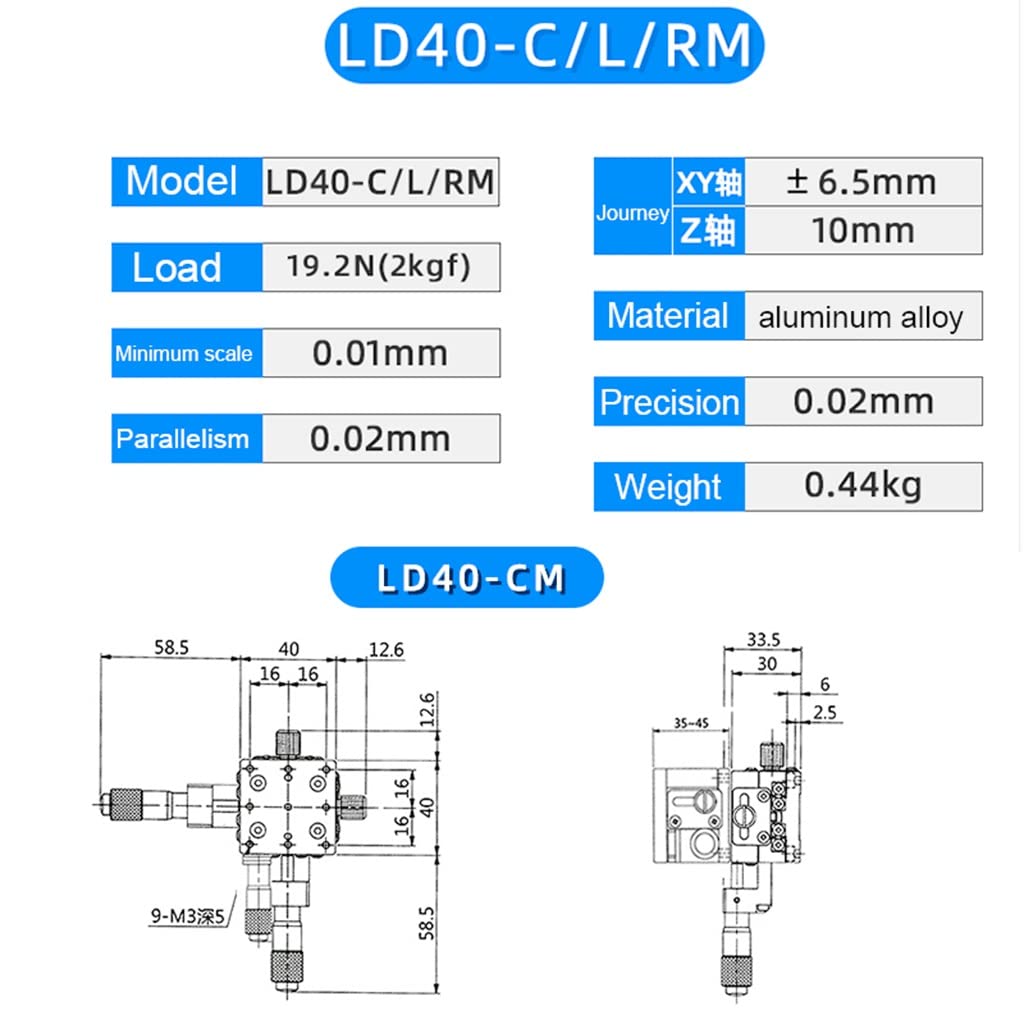Stół przesuwny liniowy z ręcznym stolikiem liniowym o osiach XYZ 40x40 mm – platforma przycinająca z duraluminium do pozycjonowania w instrumentach optycznych (dł. 40 cm)