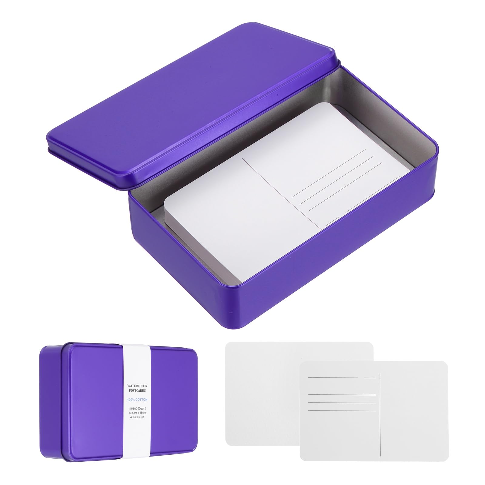 QUARKZMAN 40 Cartoline Ad Acqua, Carta Ad Acqua 100% Cotone 4x6 Pollici Con Scatola Di Latta Viola Cartoline Bianche Ruvide Per Pittura Inviti Biglietti Di Auguri (140lb/300gsm)