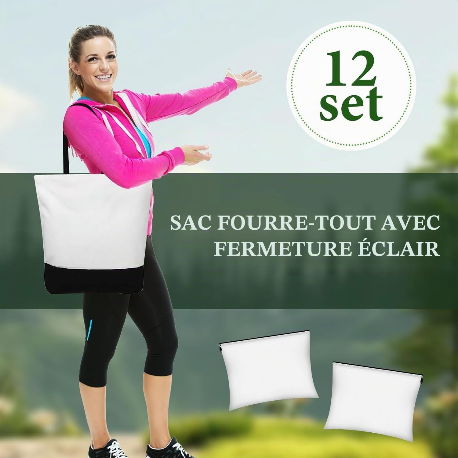 MALLOOM Lot de 24 sacs fourre-tout en toile en gros, sacs vierges pour sublimation DIY avec trousse de maquillage zippée, pour cadeaux artisanaux de Noël, plage et voyage – Multicolore