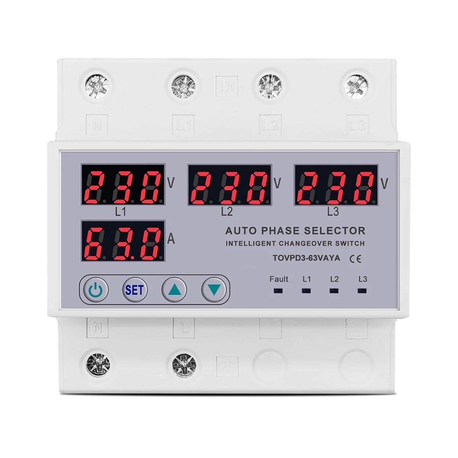 63A 3 Phase 3P+N Din Rail Phase selector Adjustable Over and Under Voltage Current Protection Monitor Relays Protector