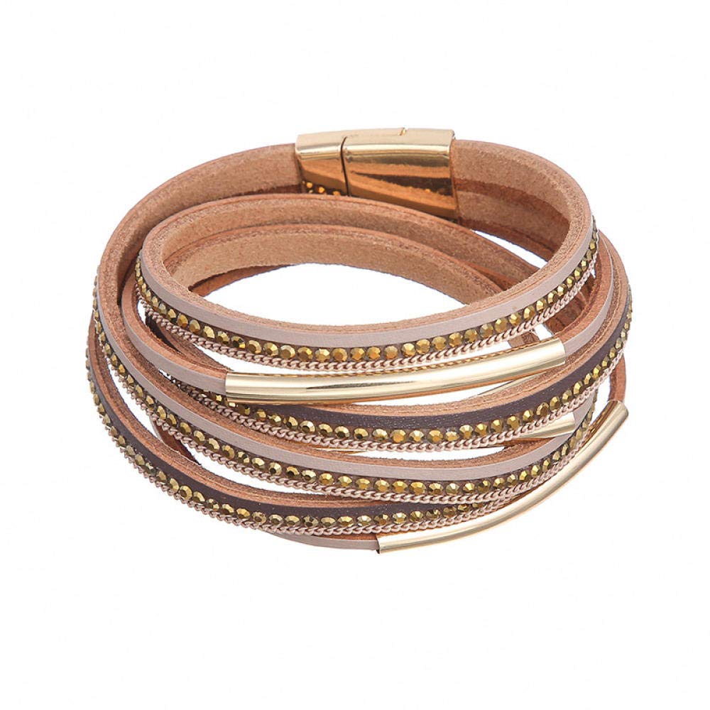 Lederarmband für Frauen, mehrschichtige Vintage Leder Armband Braun Mode Schmuck Leder Armband Legierung Ellbogen Accessoires eingelegtes Zirkonarmband Frauen personalisierte Kleidung Accessoires