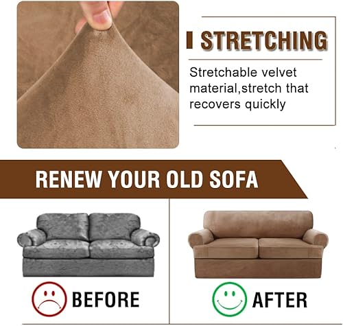 Miniatura 8 de GAMUKAI Juego de 3 piezas de funda de sofá de terciopelo con cojín en T, funda elástica para sofás de 2 plazas, incluye 2 fundas de cojín en T,