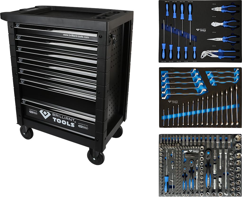 BRILLIANT TOOLS BT153207 Carro de taller con 7 cajones y 207 herramientas [Powered by KS TOOLS]