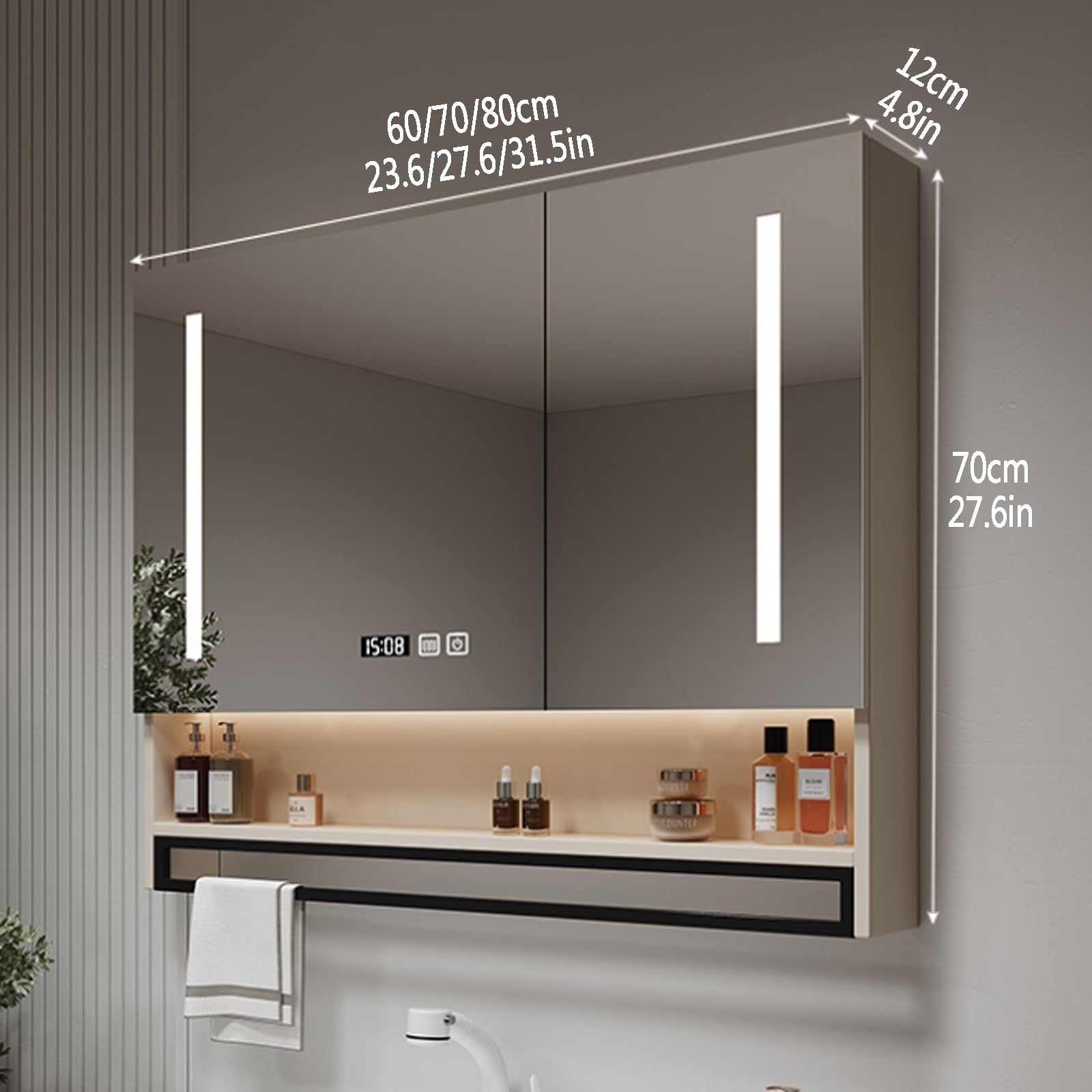 Inteligente armario de baño con espejo y luz,Armario de Pared Rectangular Antivaho,Espejo de Maquillaje para Inodoro con Estante,armario espejo baño led tiempo temperatura,agujero de papel,barra de to
