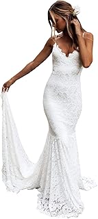 Mermaid Wedding Dresses for Bride Spaghetti Straps Backless Beach Lace Bridal Gowns with Train - Buy now