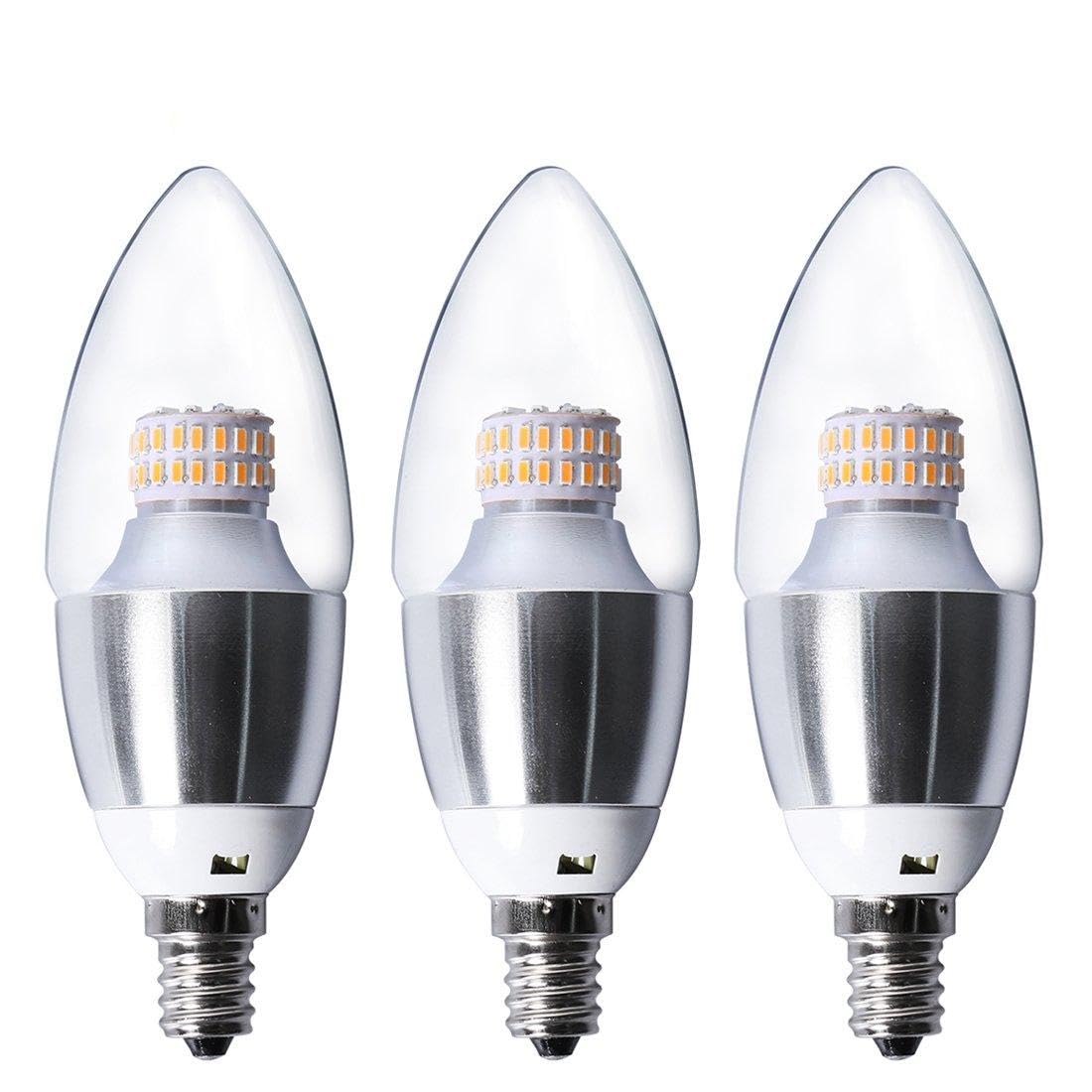 Pack of 3 E12 Base LED Candelabra Bulb,6-Watt Dimmable Warm White 2700-3000K LED Chandelier Bulb, Torpedo Shape LED Bulb (3, Warm White)