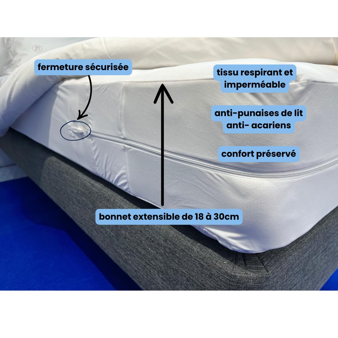 Housse de Matelas Anti punaises de lit SAFELIT - Anti ancariens - imperméable - Fermeture éclair sécurisée - Entreprise Française (90x190/200 épaisseur 18 à 27cm)