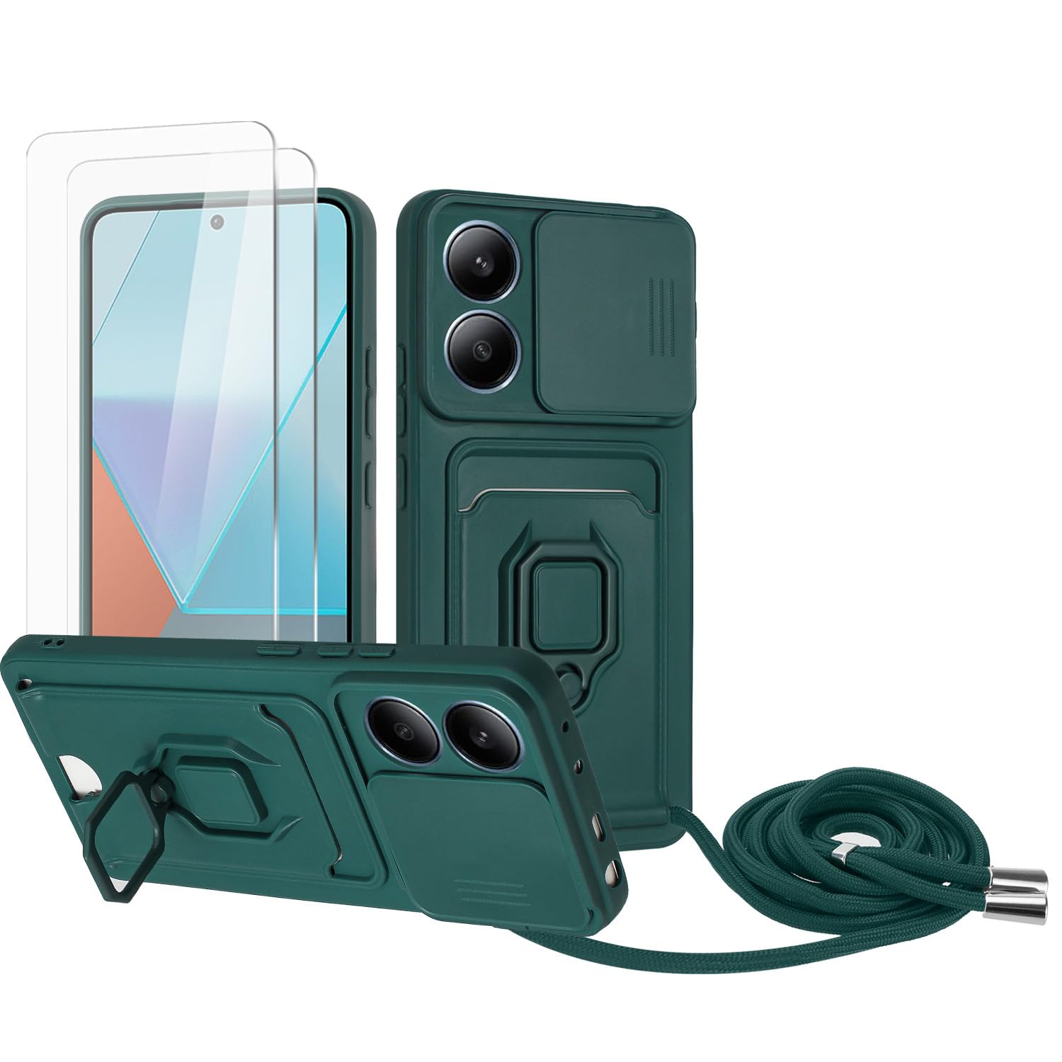 Zallagre Funda con Cuerda Compatible con Redmi Note 13 Pro 5G,[2 Packs Cristal Templado],Ranura para Tarjetas,Cubierta de Cámara Deslizante Proteger,360 Anillo Soporte-Morado — view 110