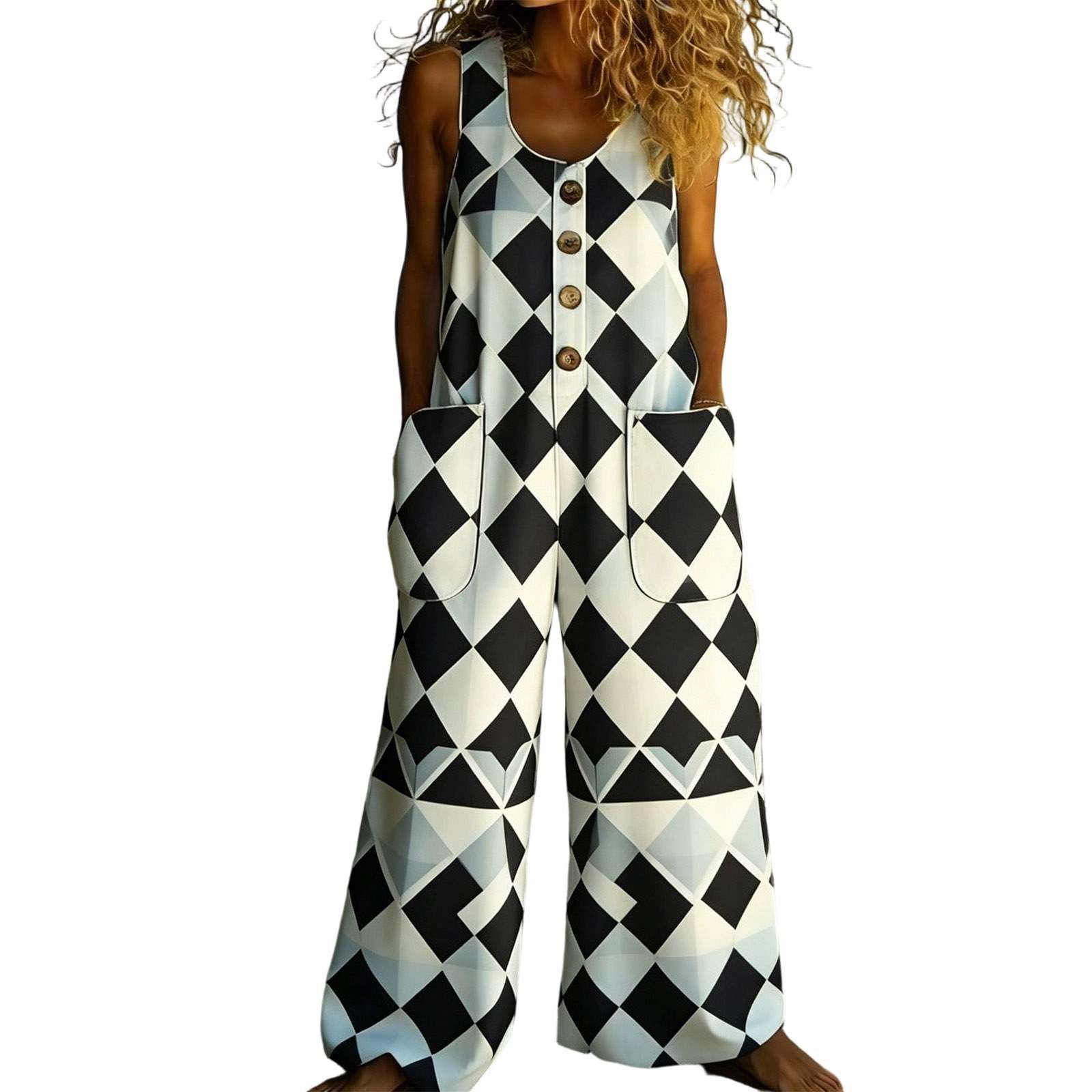 Generico Jumpsuit Donna Estiva Elegante Cotone e Lino Salopette Tuta Intera Boho Vintage Senza Maniche Gamba Larga Bottoni Tasche Baggy Pantaloni Casual Mare Vacanza Outfit Tempo Libero