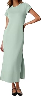QIXING Women's Elegant Summer Maxi Dress with Pockets UK Holiday & Travel Outfits Split Hem Short Sleeve Wrinkle Free Dress