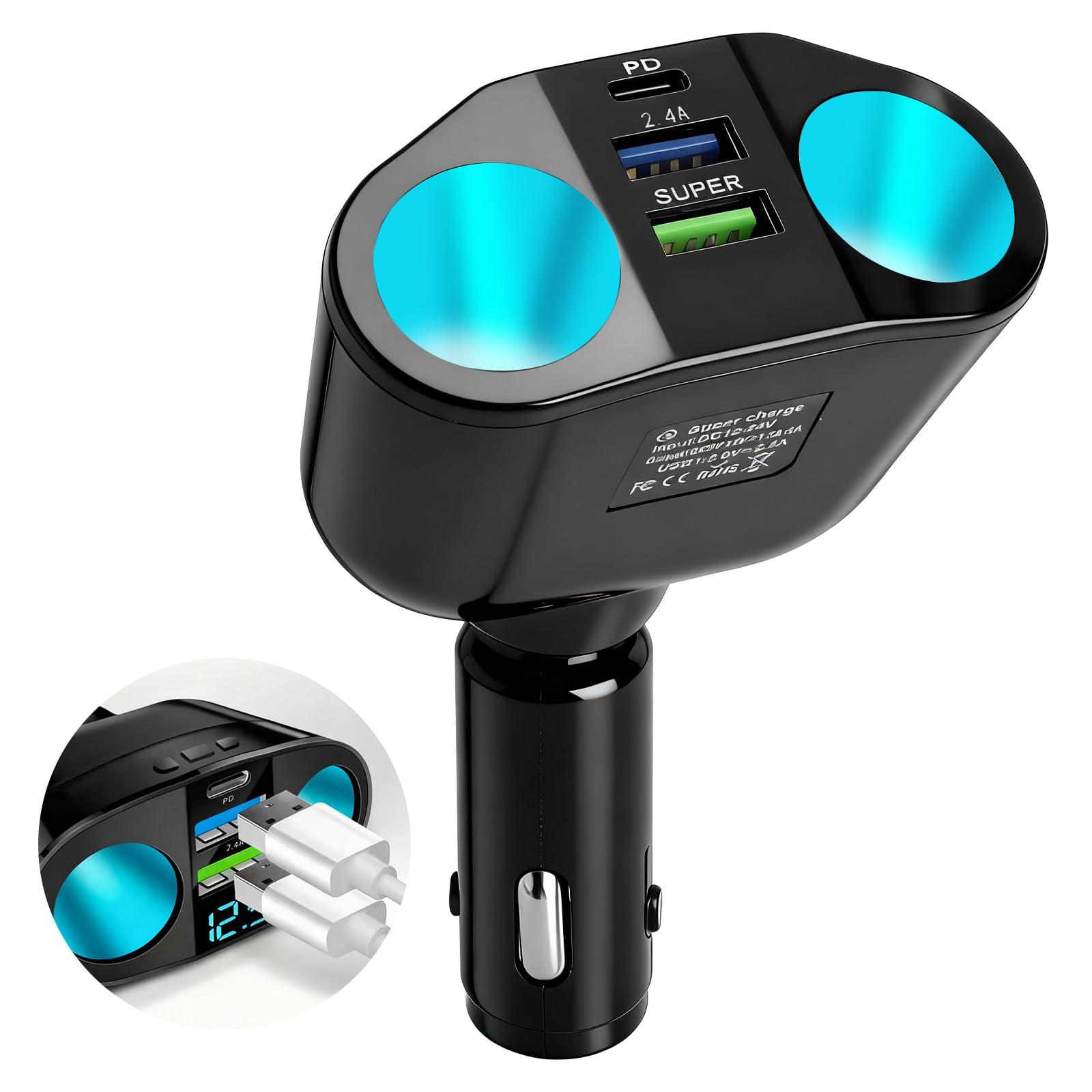 5-en-1 Chargeur Voiture Allume-Cigare 120W, Multiprise Allume-Cigare | USB C avec Voltmètre LED Rotatif 360°, Adaptateur 12 V/24 V Compact et Sécurisé Voiture, Camion, Téléphone et Tablette, SUV