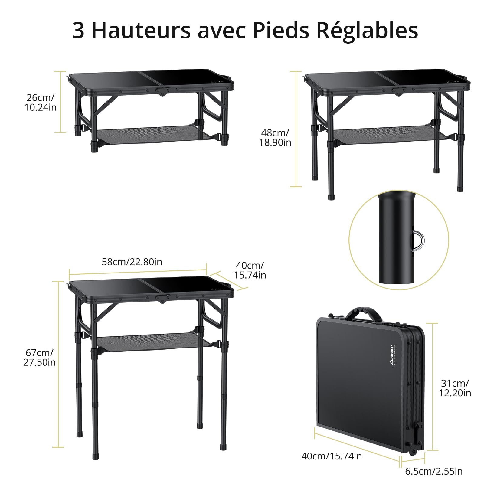 Anbte Table Pique-Nique Pliante 58x40x26/48/67 cm en Aluminium, Noir | Table de Camping avec Filet de Rangement, Légère et Portable avec Plateau en MDF pour Extérieur/Intérieur, Plage, Camping