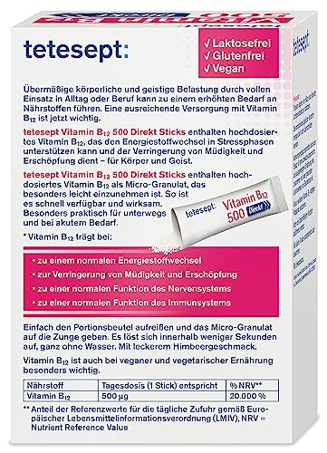 tetesept Vitamin B12 500 Direkt - 4 x 20 Direkt-Sticks - Nahrungsergänzungsmittel für den Energiestoffwechsel*, auch bei Belastung - Vitamin B12 Pulver hochdosiert zur Einnahme ohne Wasser