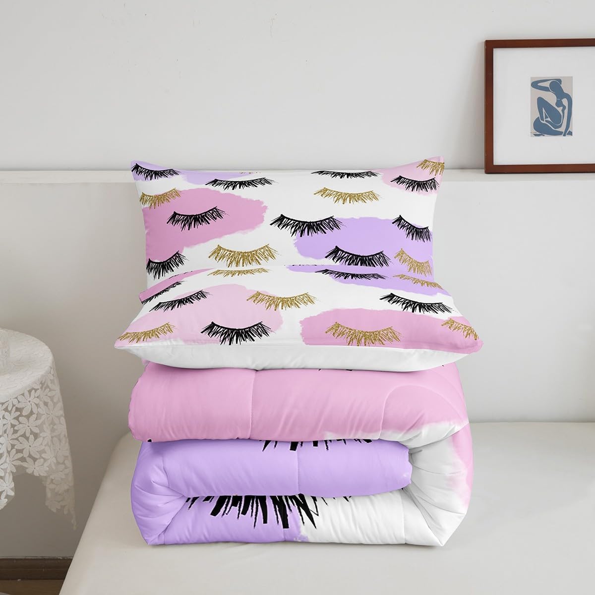 Erosebridal Eyelash Bedding Golden Girl Lashes Comforter Set Cute Eyelash Bedding Comforter Sets Pink Room Decor, Gorgeous Priness Style Queen Size Duvet Set for Women Girls Esthetician Gifts