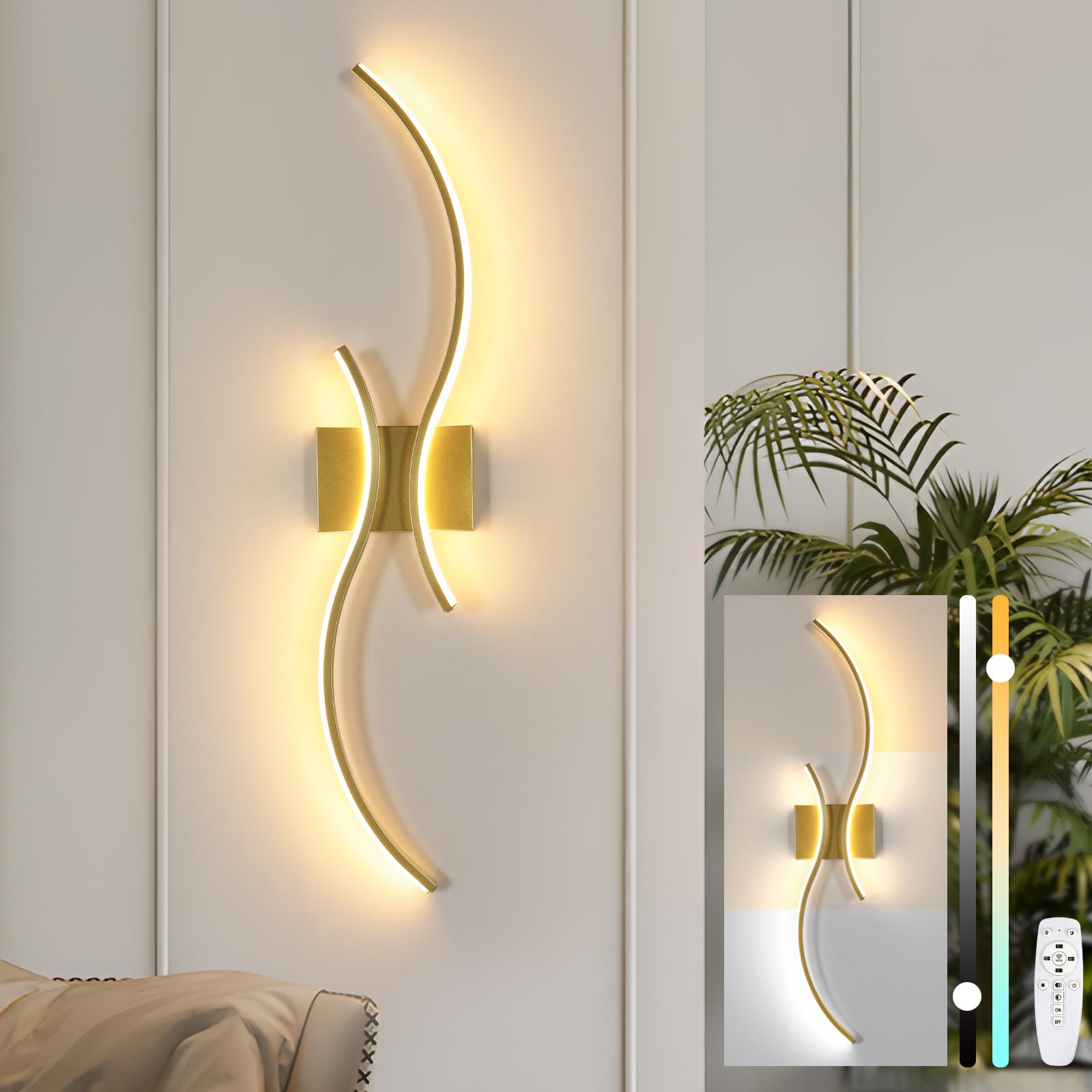 Goeco Applique LED da Parete Interni, 32W 80 CM Luci da Parete Dimmerabile Lunga con Telecomando 3000K-6500K con 2 Luminosi Ondulati per Soggiorno, Camera da Letto, Dorato