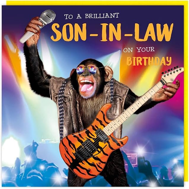 Son In Law birthday card by Tracks Publishing - Chimp with guitar -