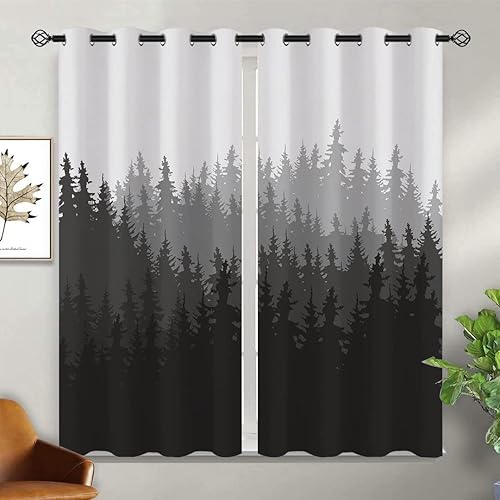 Miniatura 2 de Cortinas opacas de bosque gris para niñas y niños, decoración del hogar, rústico, naturaleza, pinos blancos y negros, con ojales, cortinas con