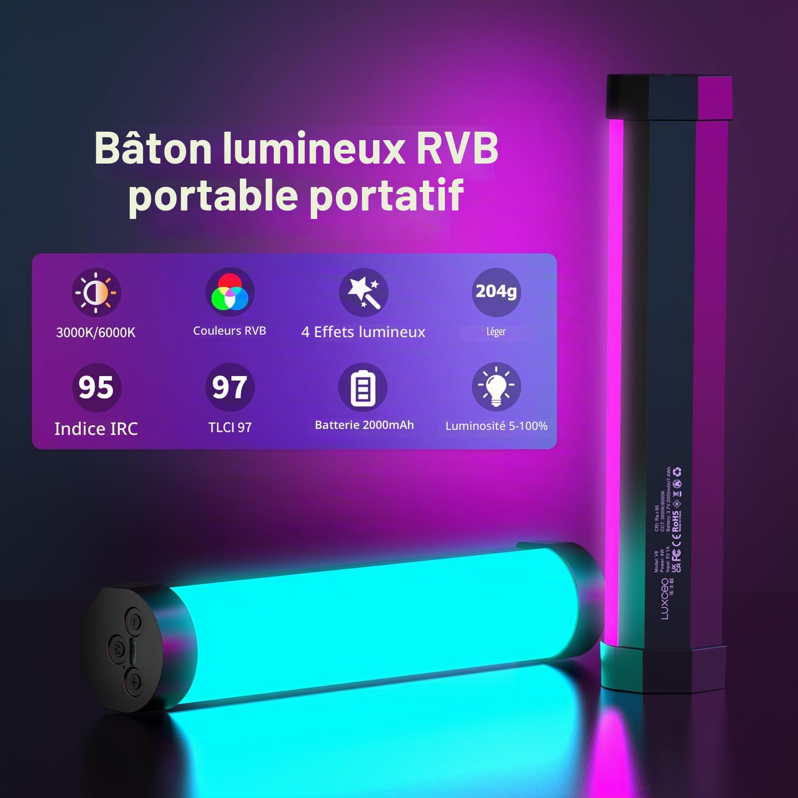 LUXCEO Eclairage Video LED,Bâton Lumineux LED RVB 3000 K/6000 K,Lumiere Photo RVB avec Batterie de 2000 mAh,CRI95+,Lumière de Photographie Portable pour Photographie Youtube,TikTok Video Vlog