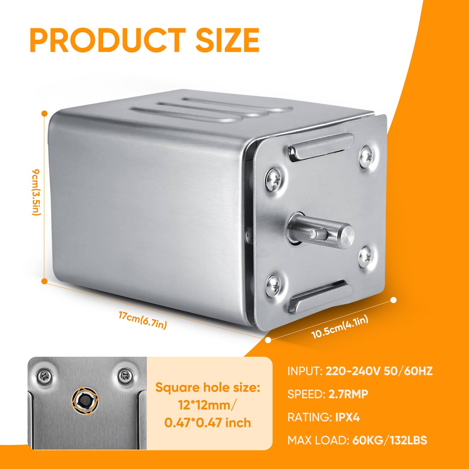 SP-S40 15W 60KG/132LBS Moteur électrique pour Barbecue en Acier Inoxydable, 2.7 RPM Moteur Professionnel pour Barbecue, Poulet, Porc, Chèvre grillée à l'extérieur