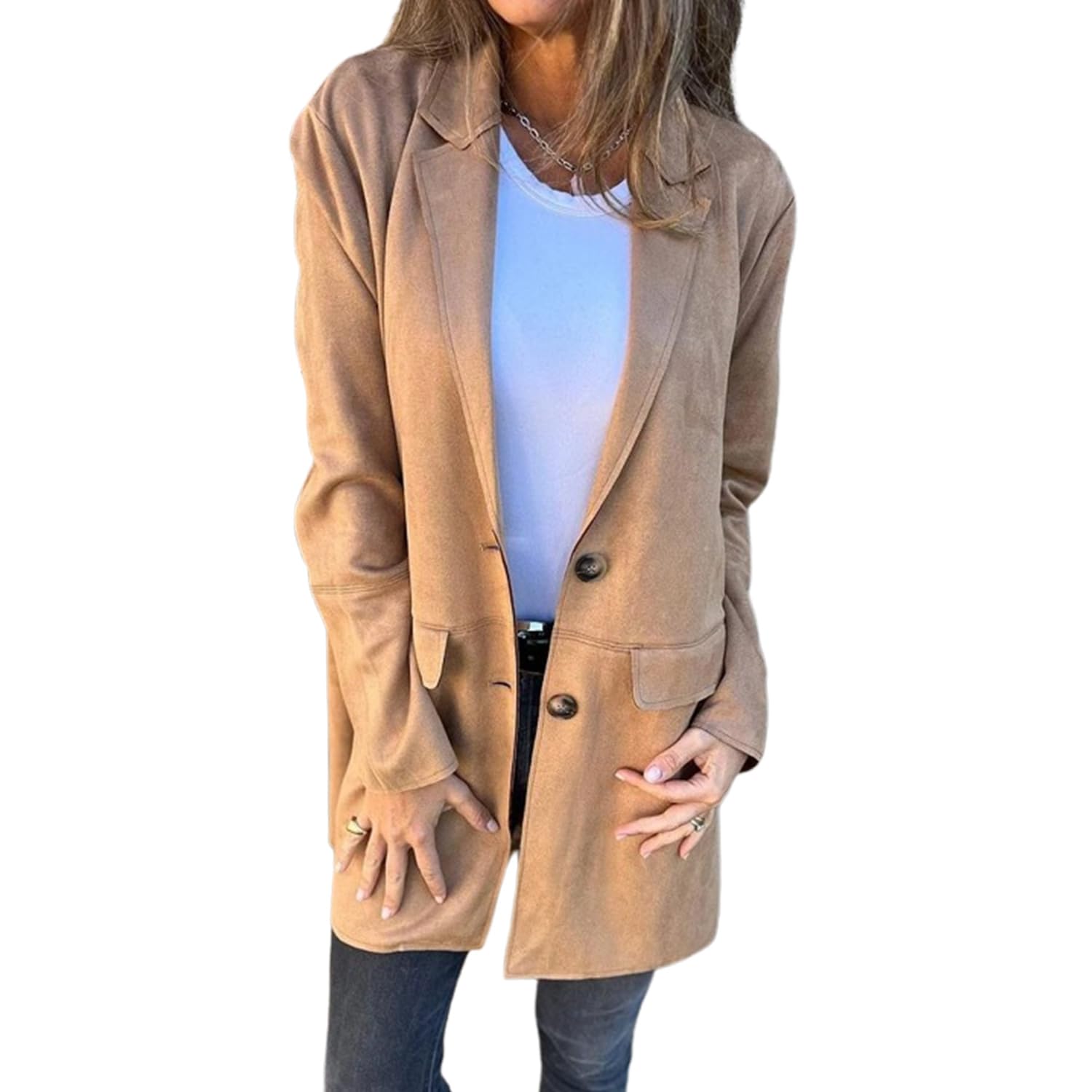Générique Blouson aviateur décontracté en Imitation Daim à Revers pour Femme, Cardigan mi-Long à Manches Longues et 2 Boutons, Automne 2025