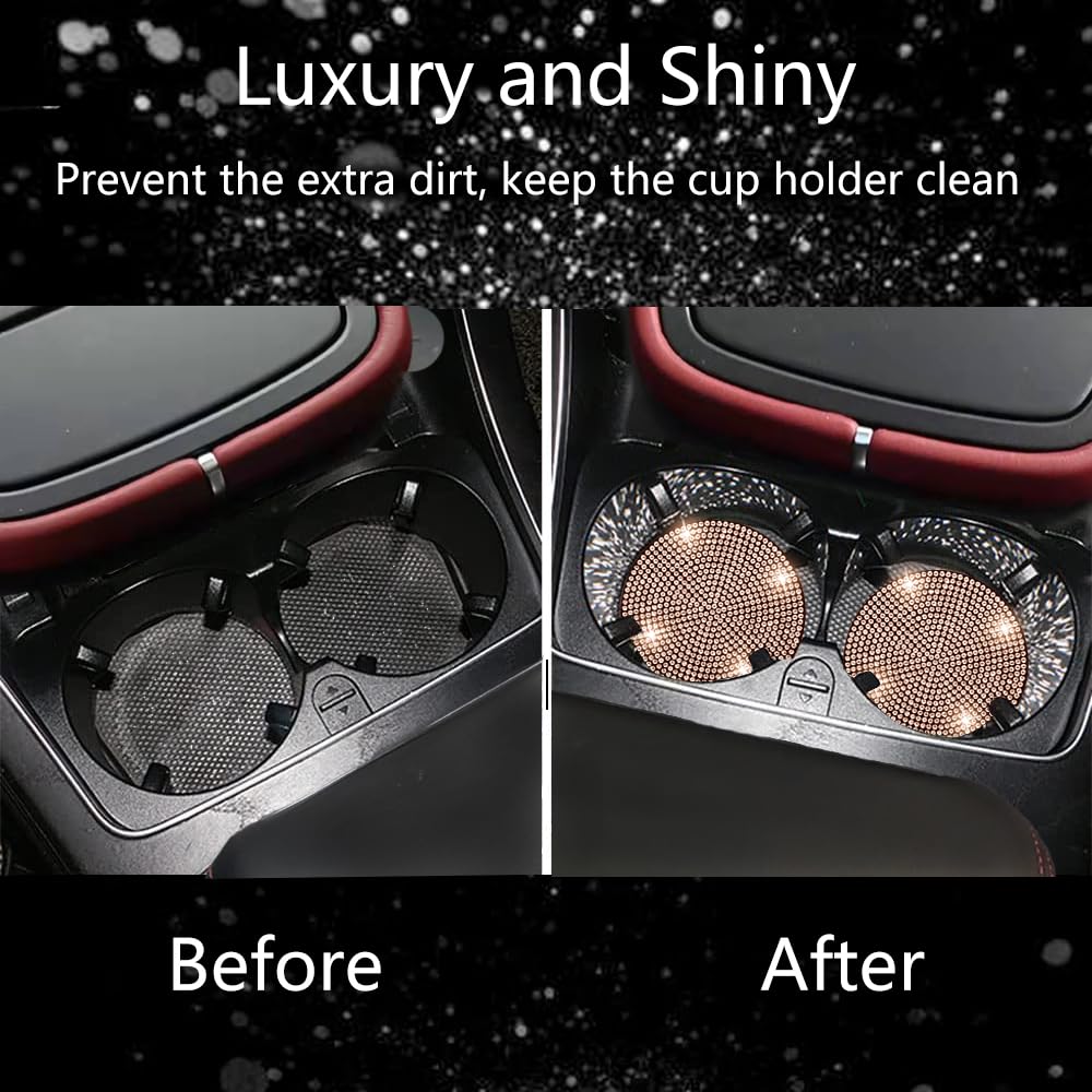 NBTEPEM 2pcs Bling Car Cup Holder Coaster, 2.75 inch Anti-Slip Shockproof Universal Fashion Car Coasters Insert Bling Crystal Rhinestone Automotive Interior Accessories for Women (2 pcs, Champagne)