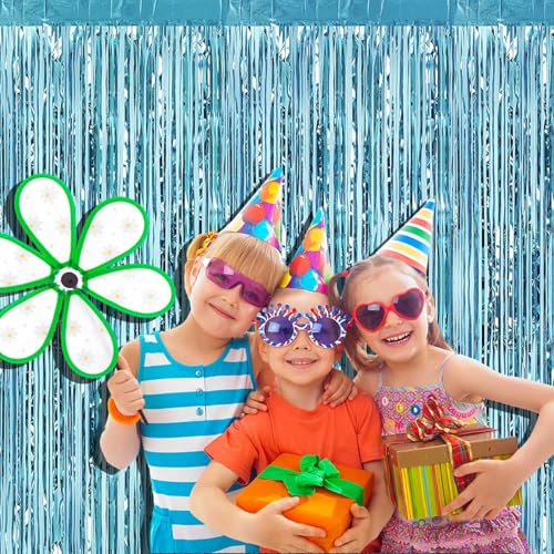Image of 4 Pack Light Blue Foil Fringe Curtain Backdrop, 3.28Ft x 8.2Ft Metallic Tinsel Foil Fringe Streamer Curtains for Photo Booth Props, Birthday, Wedding, Christmas Decoration Party Supplies New