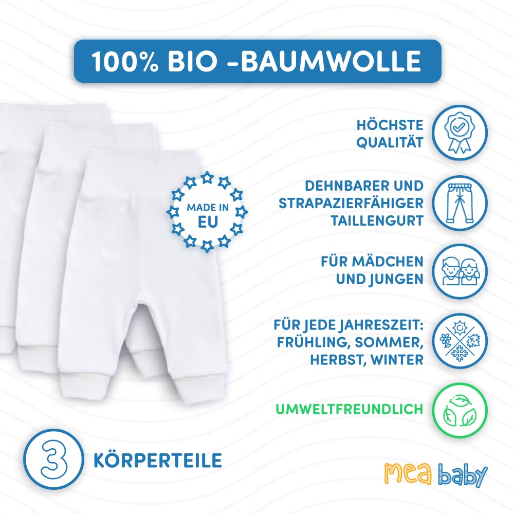 MEA BABY Unisex Baby Hose aus 100% Bio-Baumwolle im 3er Pack/Pumphose. Babyhose für Jungen Baby Hose für Mädchen, Schlupfhose